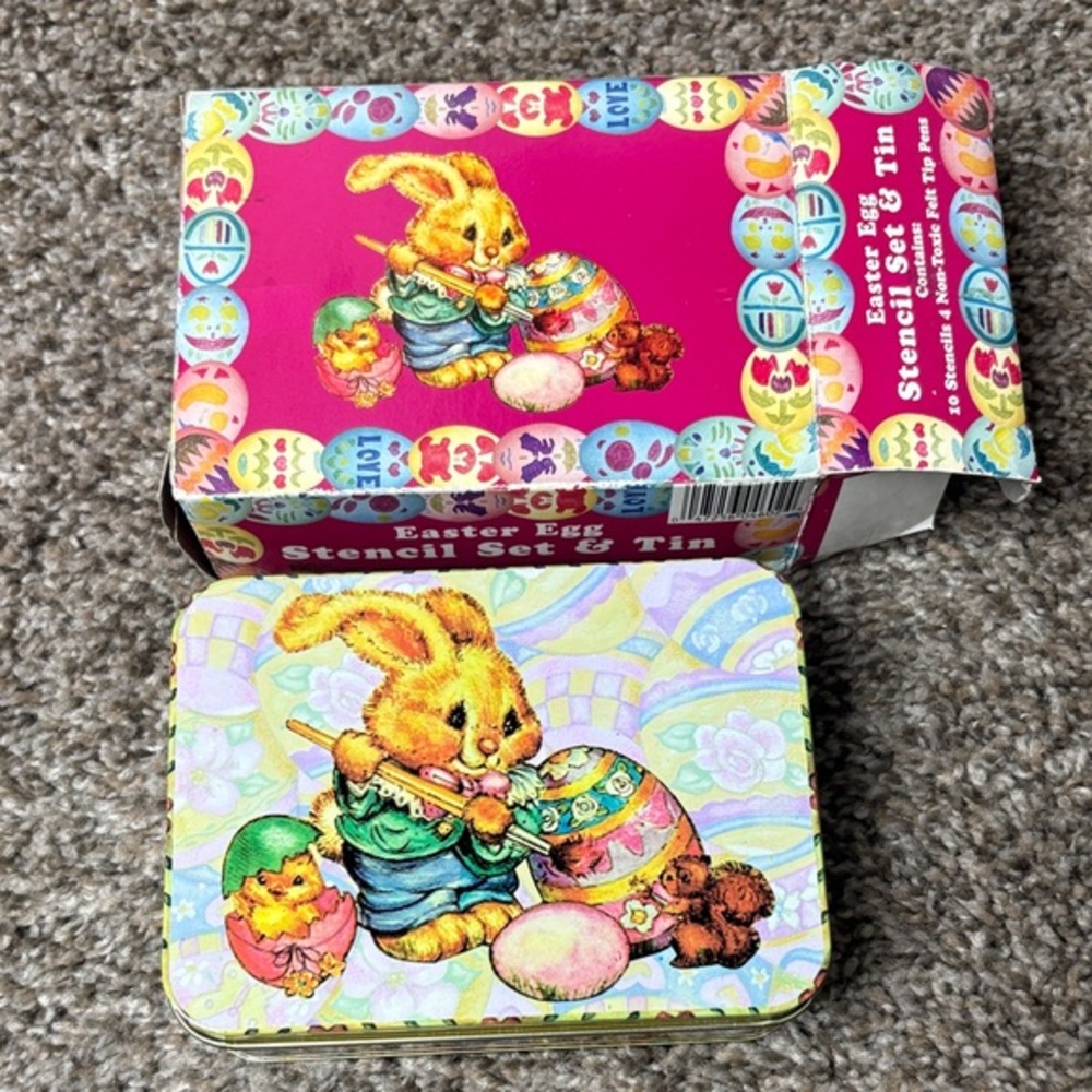 Vintage Easter egg stencil set and tin new in box